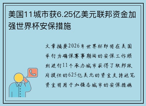 美国11城市获6.25亿美元联邦资金加强世界杯安保措施